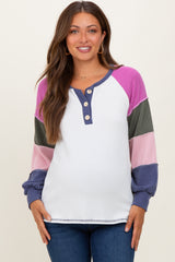 Navy Blue Multi Textured Rib Colorblock Raglan Maternity Long Sleeve