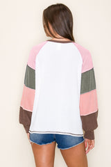 Brown Multi Textured Rib Colorblock Raglan Long Sleeve