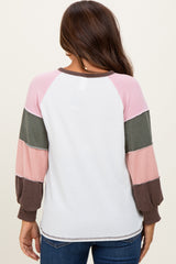 Brown Multi Textured Rib Colorblock Raglan Maternity Long Sleeve