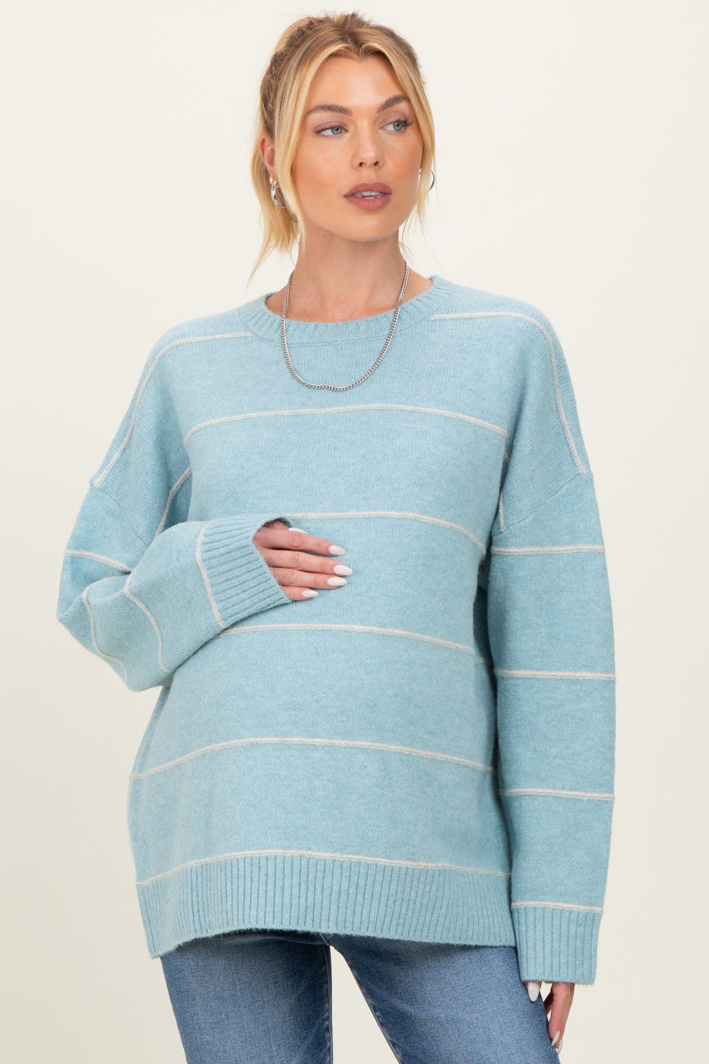 Light Blue Striped Drop Shoulder Maternity Sweater