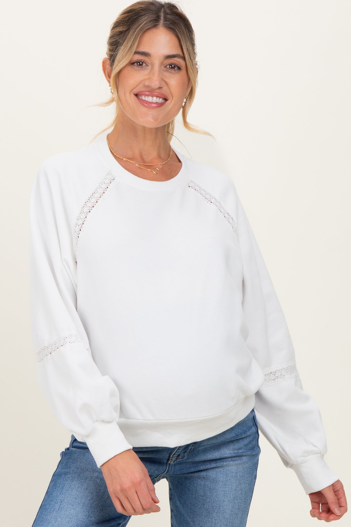 Ivory Crochet Lace Detail Maternity Oversized Sweatshirt