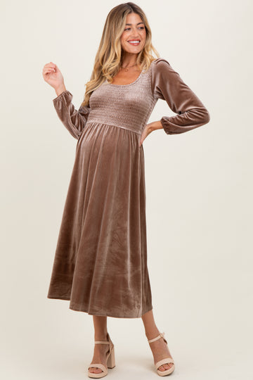 Mocha Velvet Smocked Long Sleeve Maternity Midi Dress