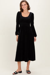 Black Velvet Smocked Long Sleeve Maternity Midi Dress