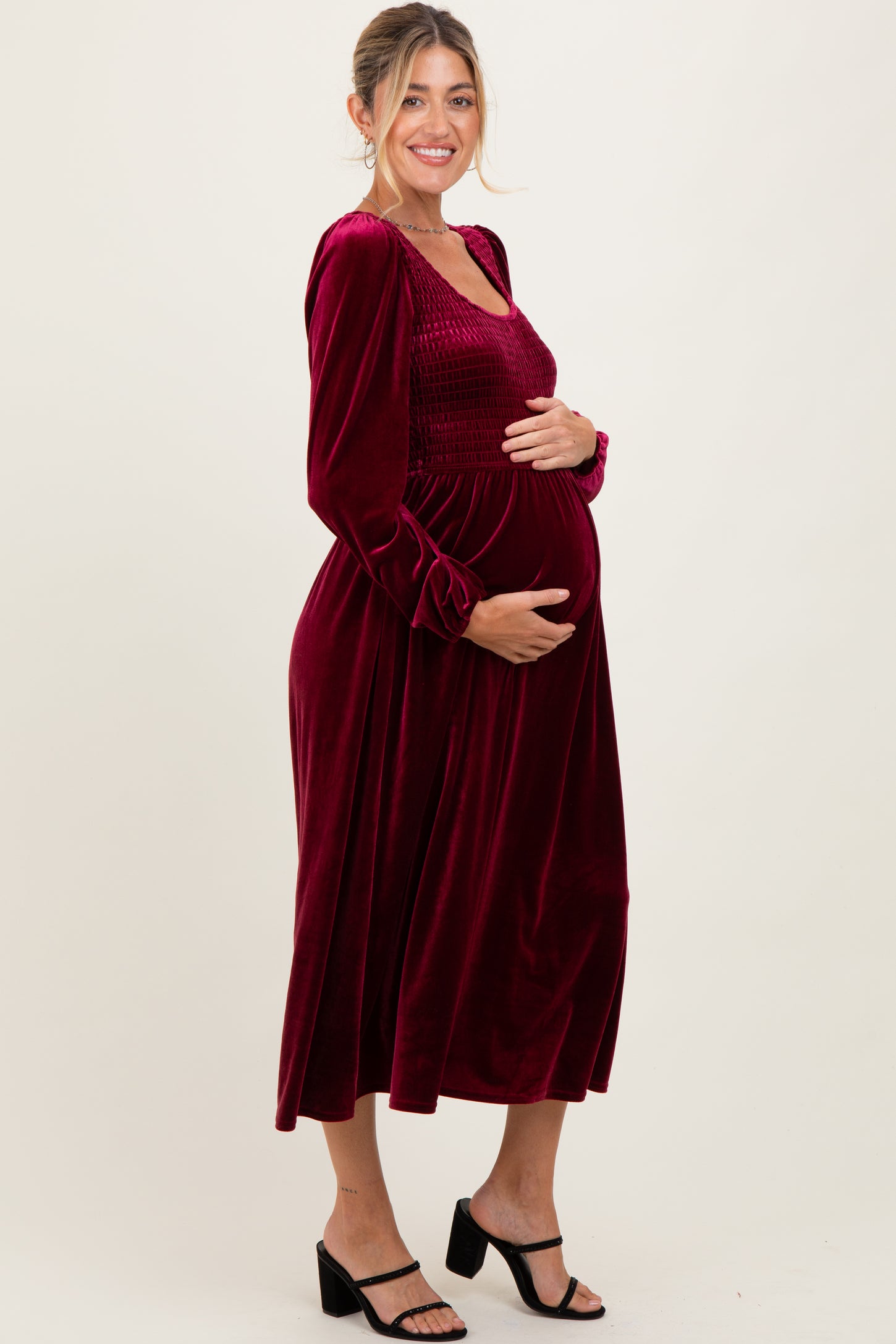 Burgundy Velvet Smocked Long Sleeve Maternity Midi Dress
