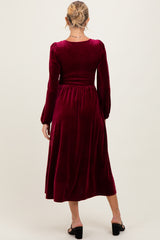 Burgundy Velvet Smocked Long Sleeve Maternity Midi Dress