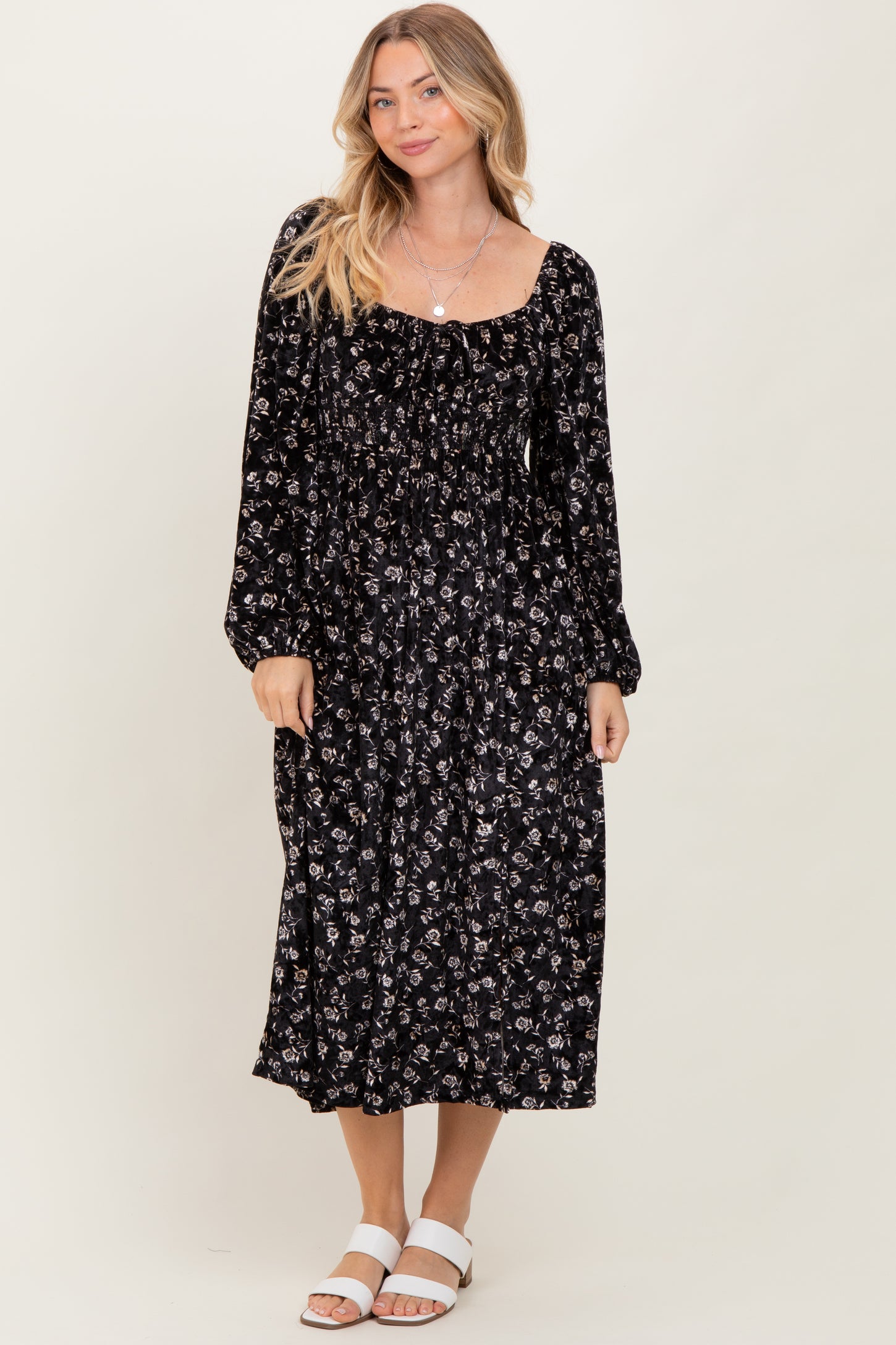 Black Floral Velvet Smocked Midi Dress
