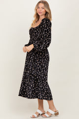 Black Floral Velvet Smocked Midi Dress