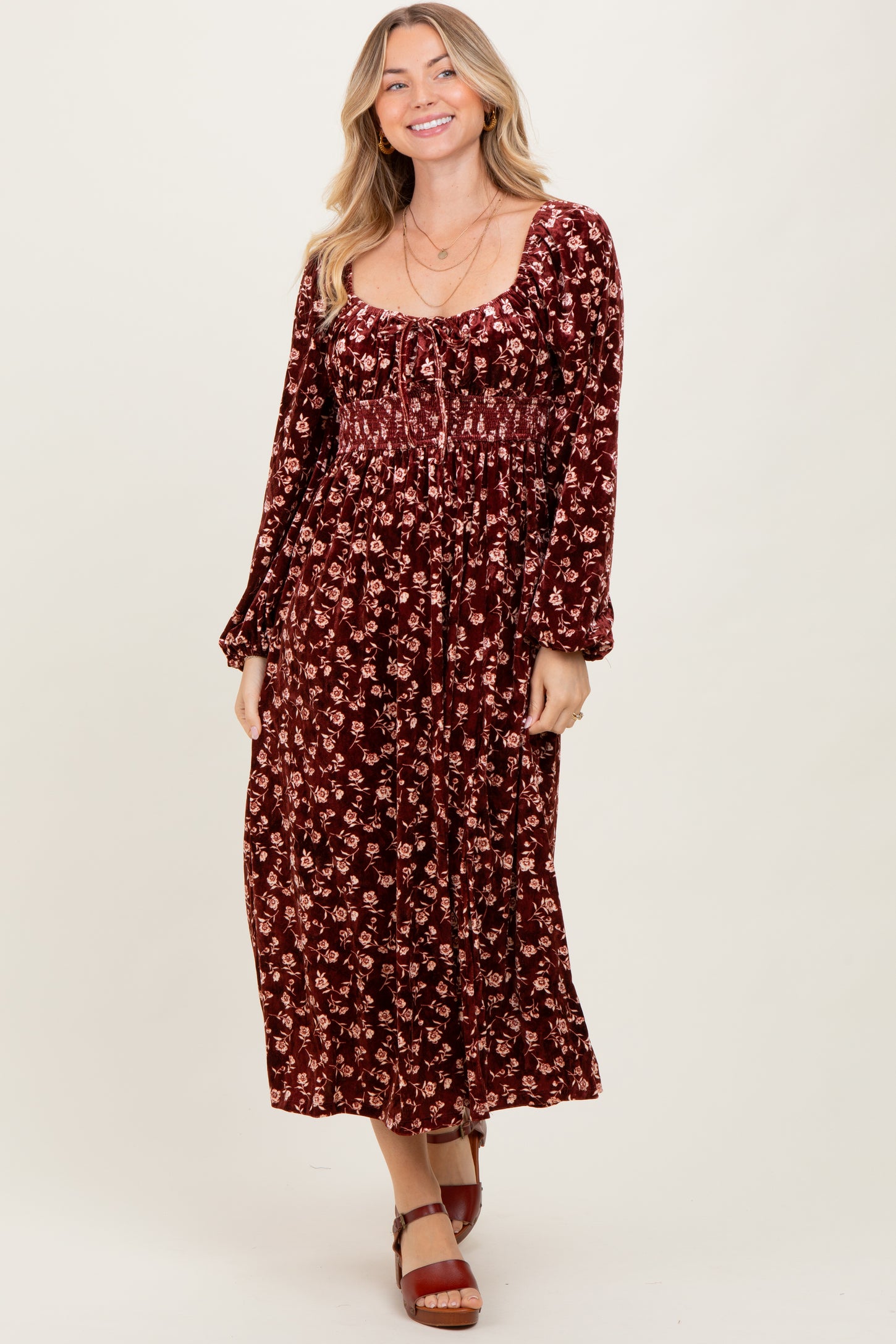 Burgundy Floral Velvet Smocked Maternity Midi Dress
