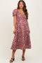 Mauve Floral Jacquard Puff Sleeve Maternity Midi Dress