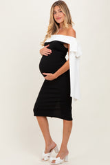 Black Oversized Bow One Shoulder Maternity Midi Dress
