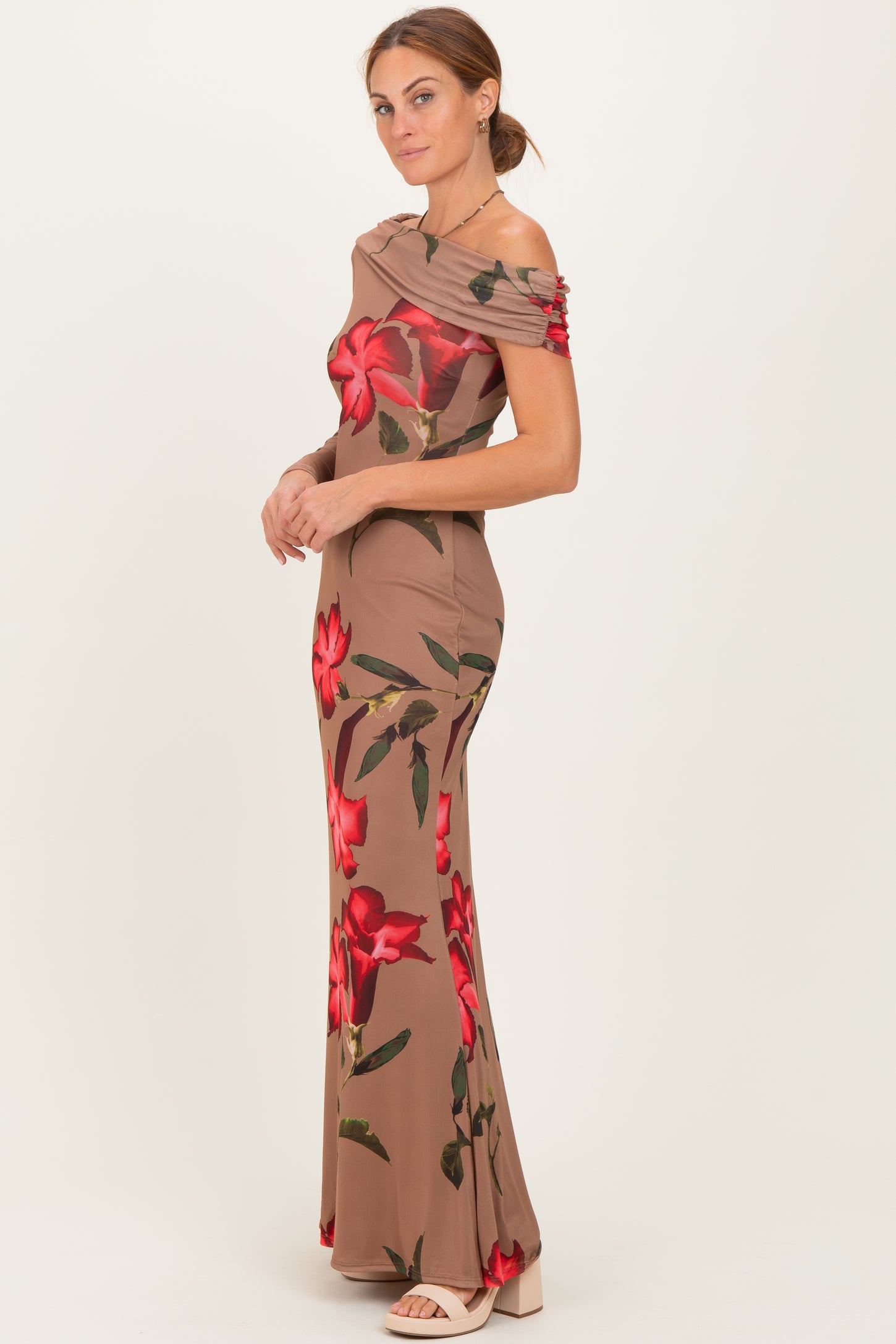 Mocha Floral Off Shoulder One Sleeve Maxi Dress
