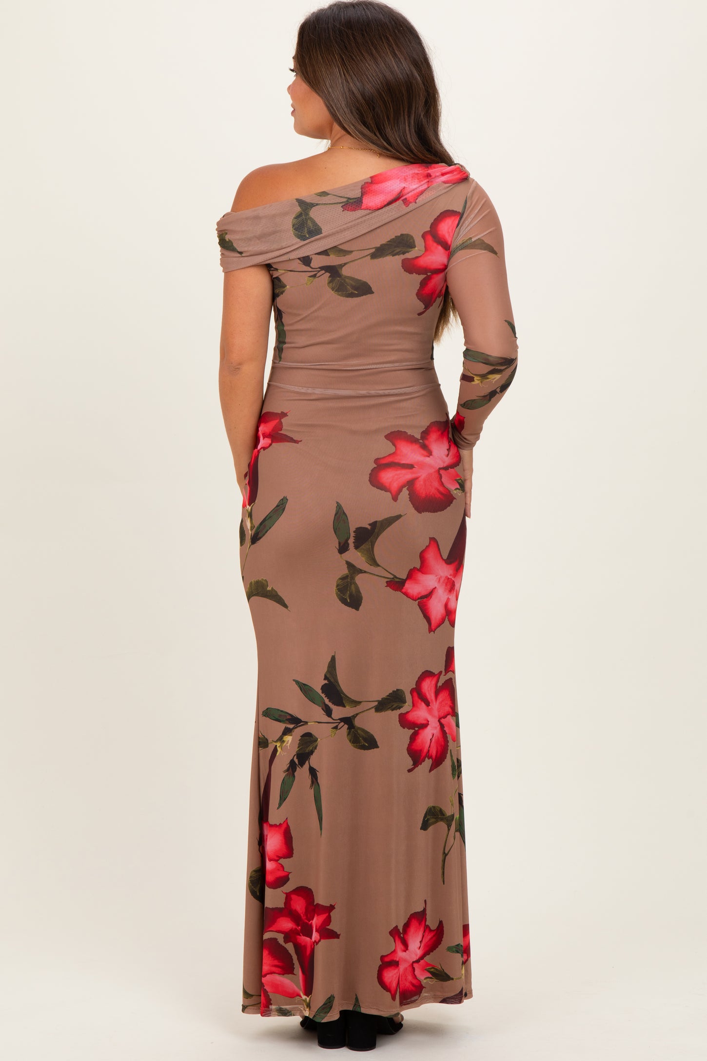 Mocha Floral Off Shoulder One Sleeve Maternity Maxi Dress