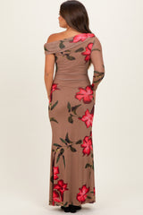 Mocha Floral Off Shoulder One Sleeve Maternity Maxi Dress