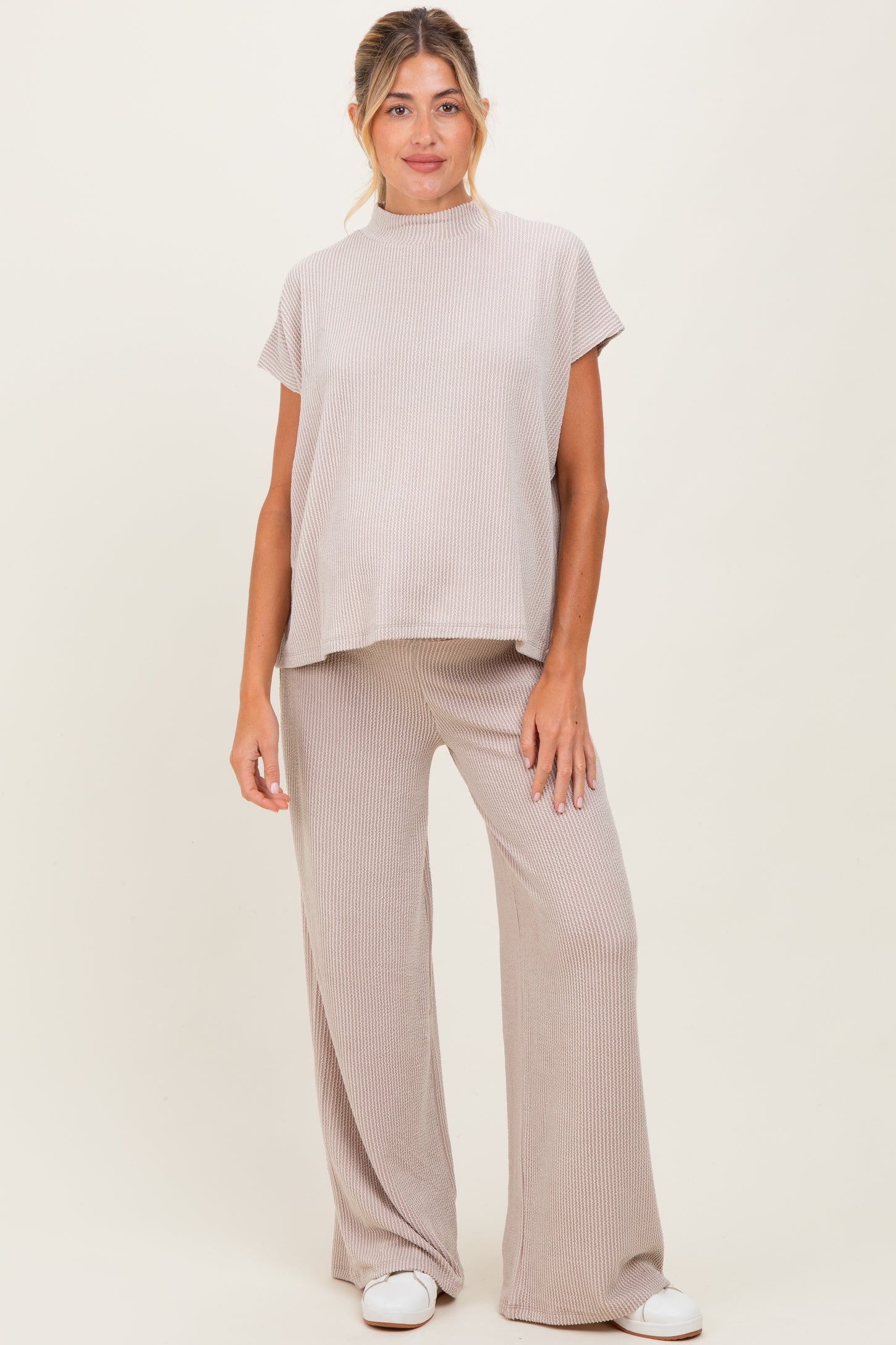 Cream Textured Rib Mock Neck Short Sleeve Pant Maternity Set
