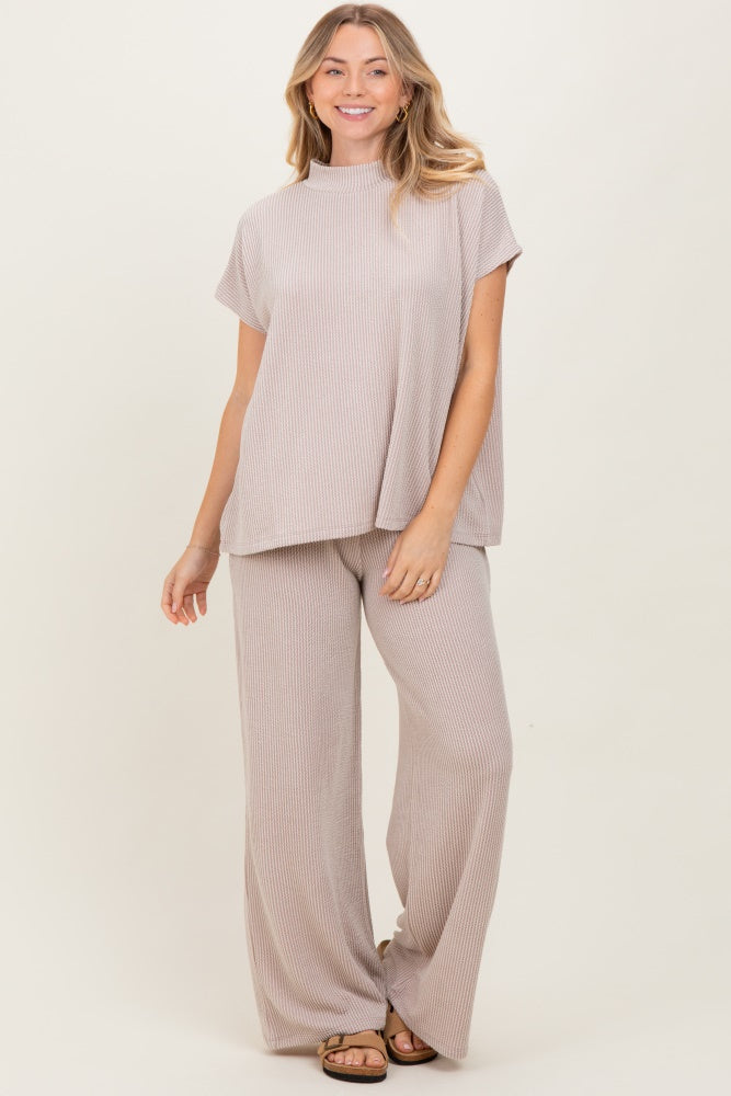 Cream Textured Rib Mock Neck Short Sleeve Pant Set