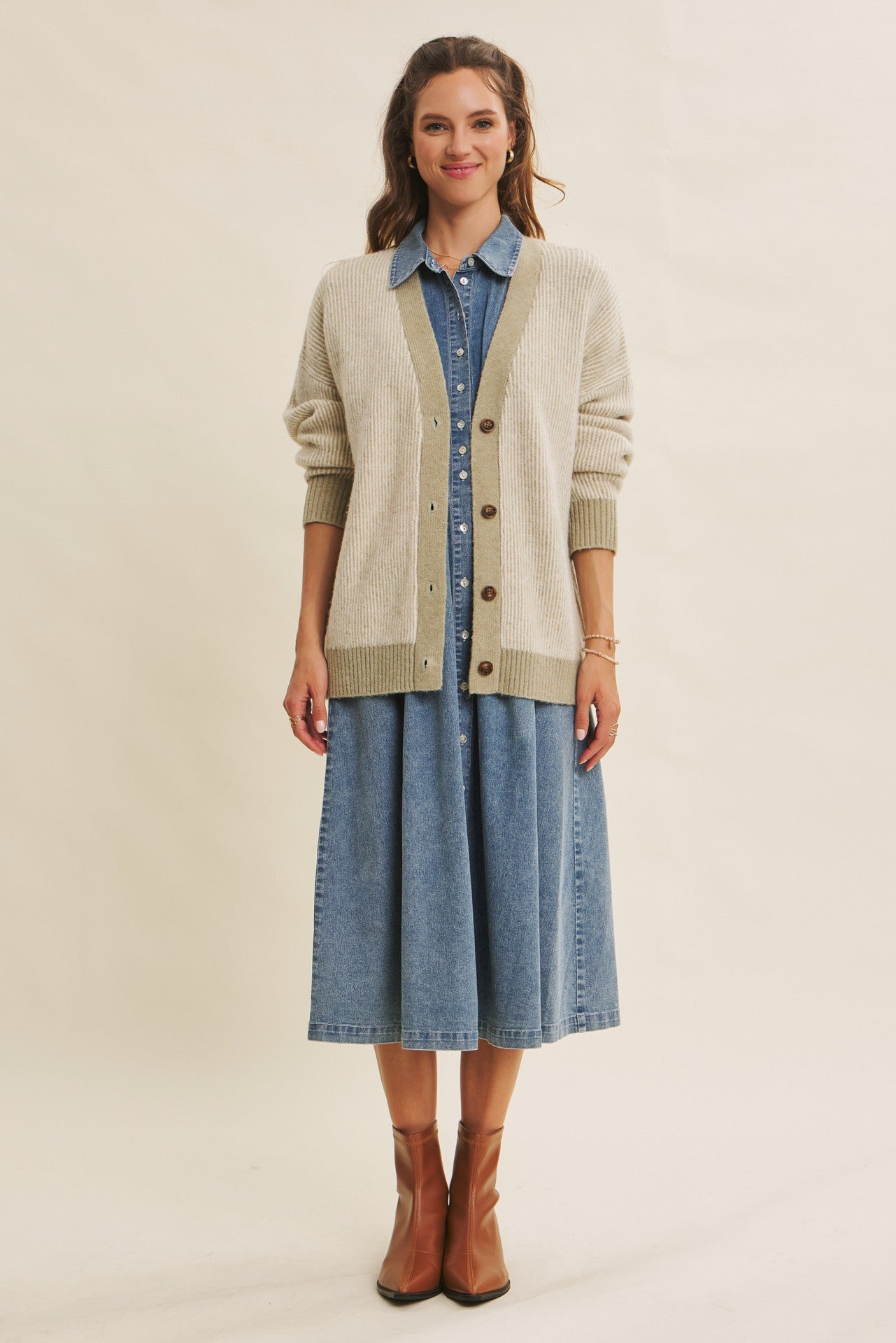 Light Olive Two-Tone Button-Down Cardigan