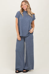 Blue Textured Rib Mock Neck Short Sleeve Pant Set