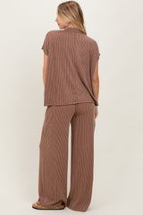 Mocha Textured Rib Mock Neck Short Sleeve Pant Set