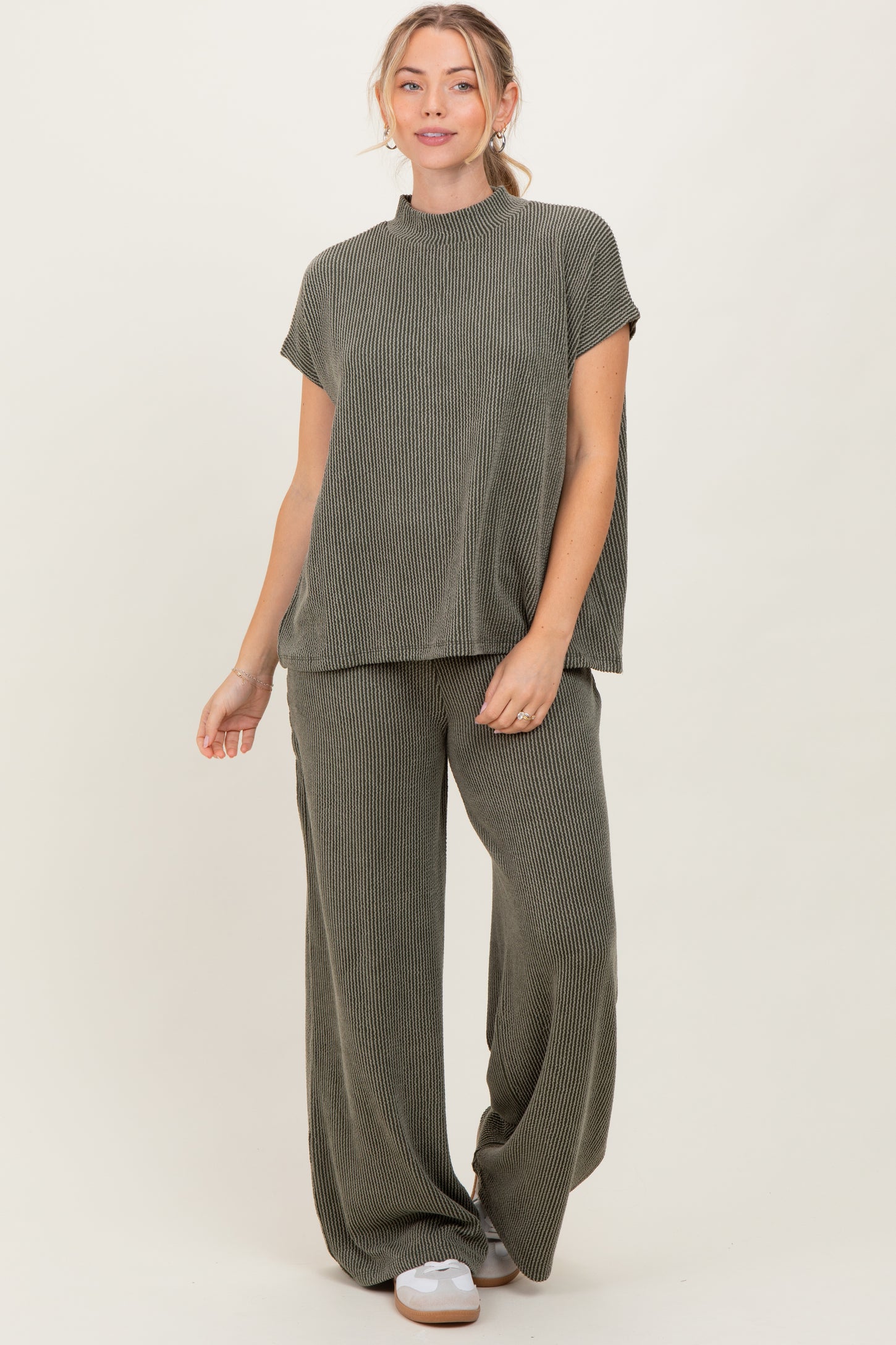 Olive Textured Rib Mock Neck Short Sleeve Pant Maternity Set