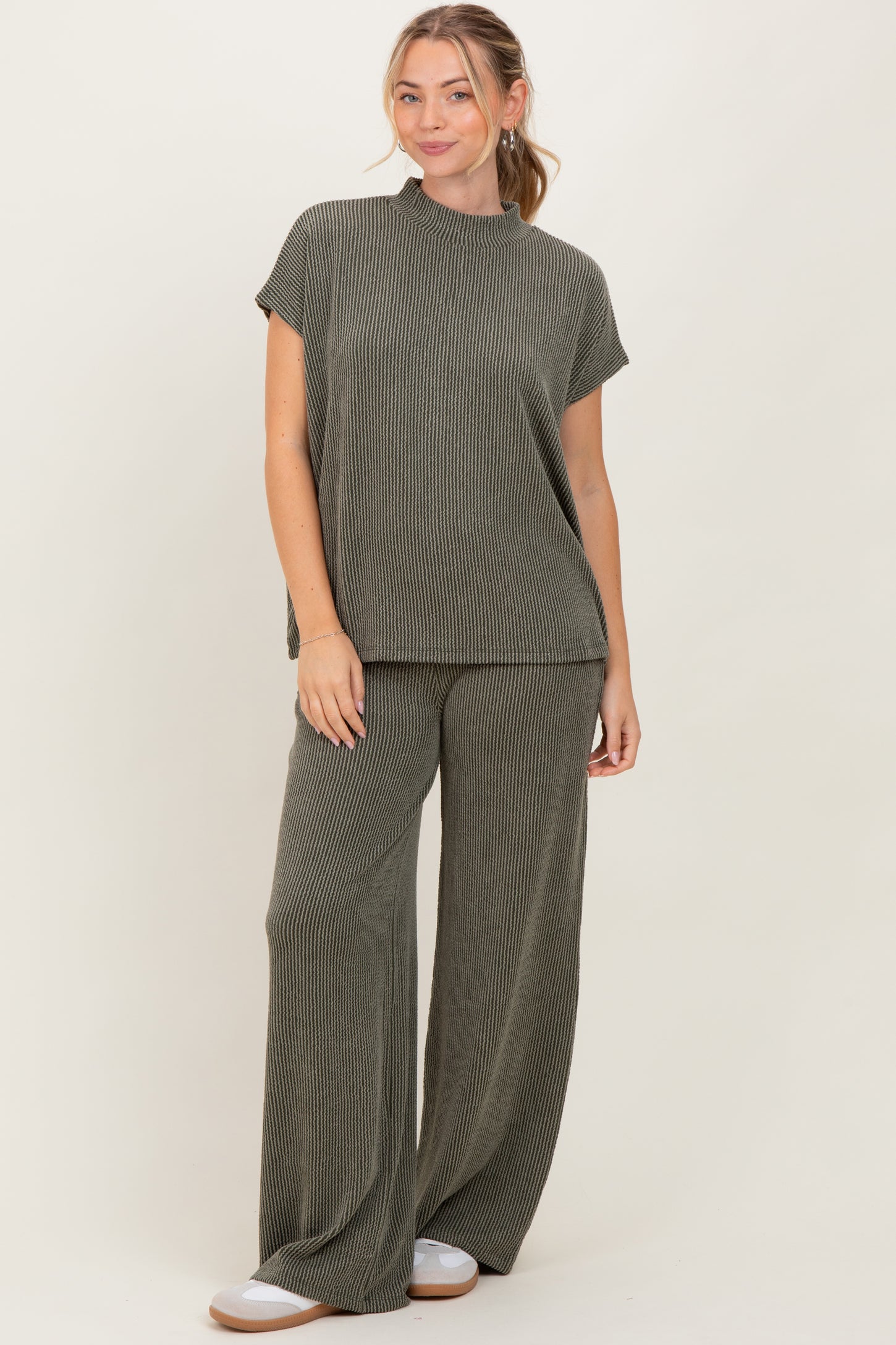 Olive Textured Rib Mock Neck Short Sleeve Pant Set