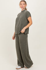 Olive Textured Rib Mock Neck Short Sleeve Pant Set