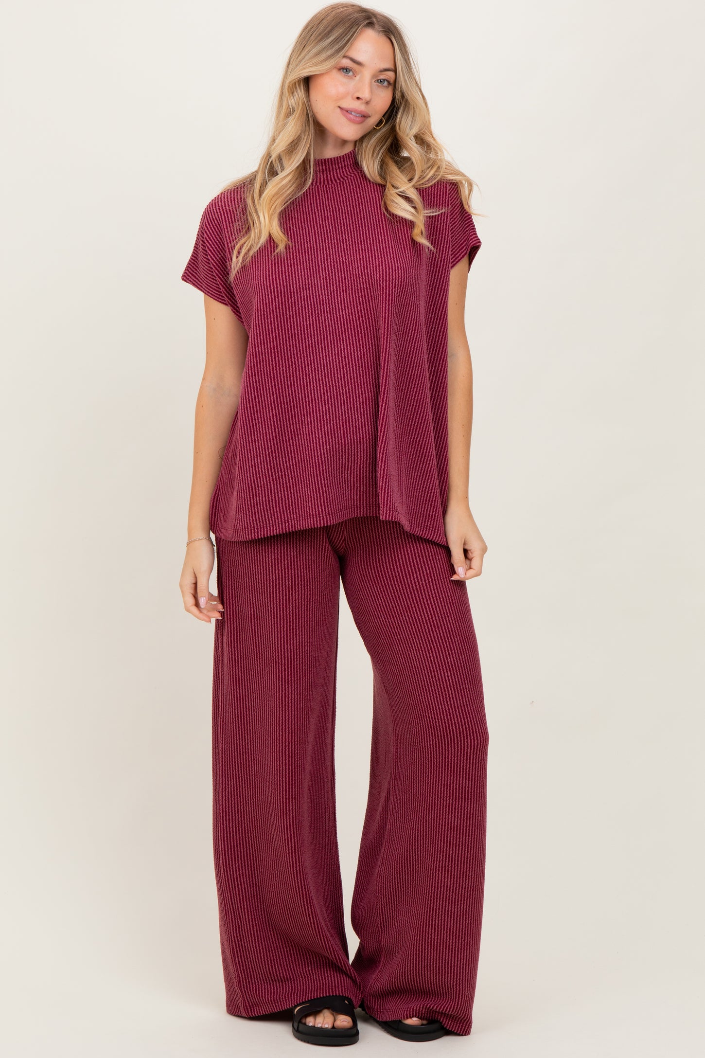 Burgundy Textured Rib Mock Neck Short Sleeve Pant Maternity Set