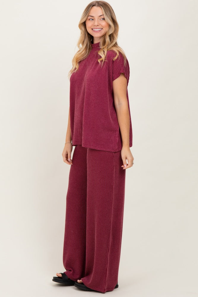 Burgundy Textured Rib Mock Neck Short Sleeve Pant Set