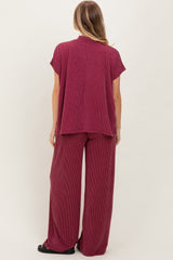 Burgundy Textured Rib Mock Neck Short Sleeve Pant Set