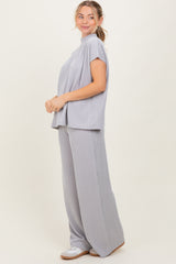 Light Grey Textured Rib Mock Neck Short Sleeve Pant Set