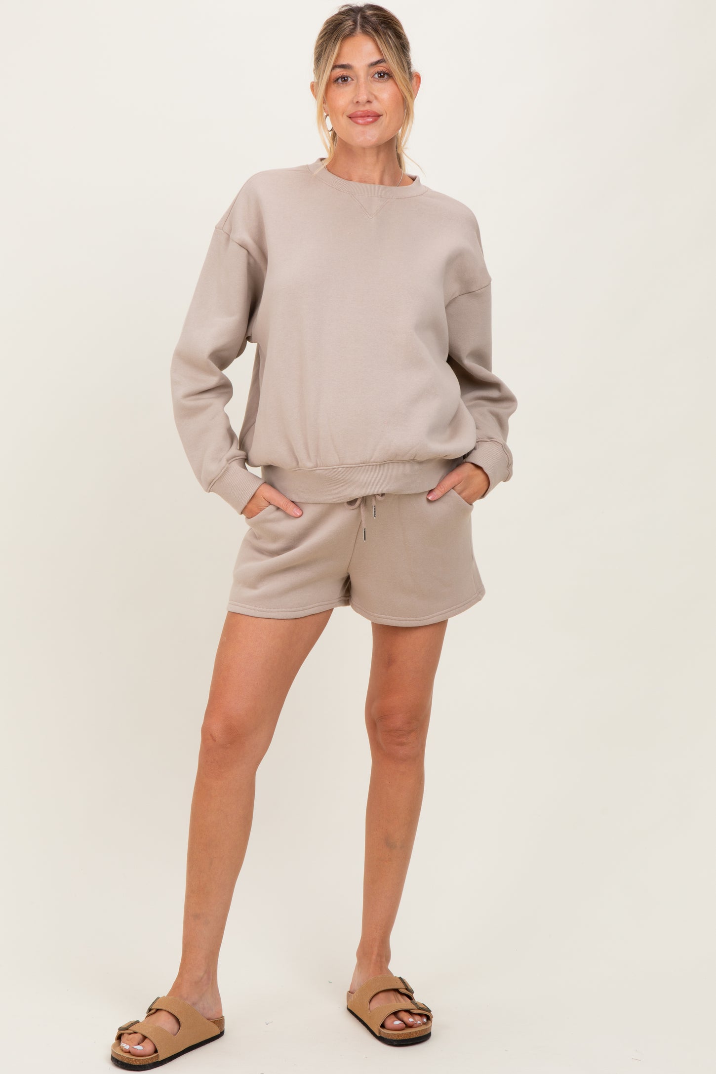 Beige Fleece Sweatshirt Shorts Maternity Set