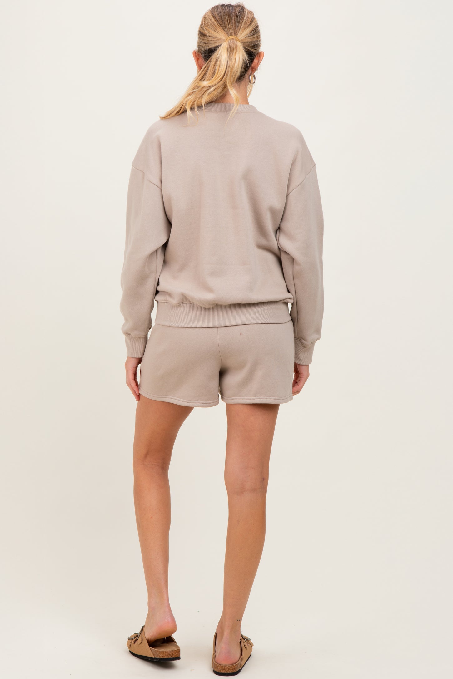 Beige Fleece Sweatshirt Shorts Maternity Set