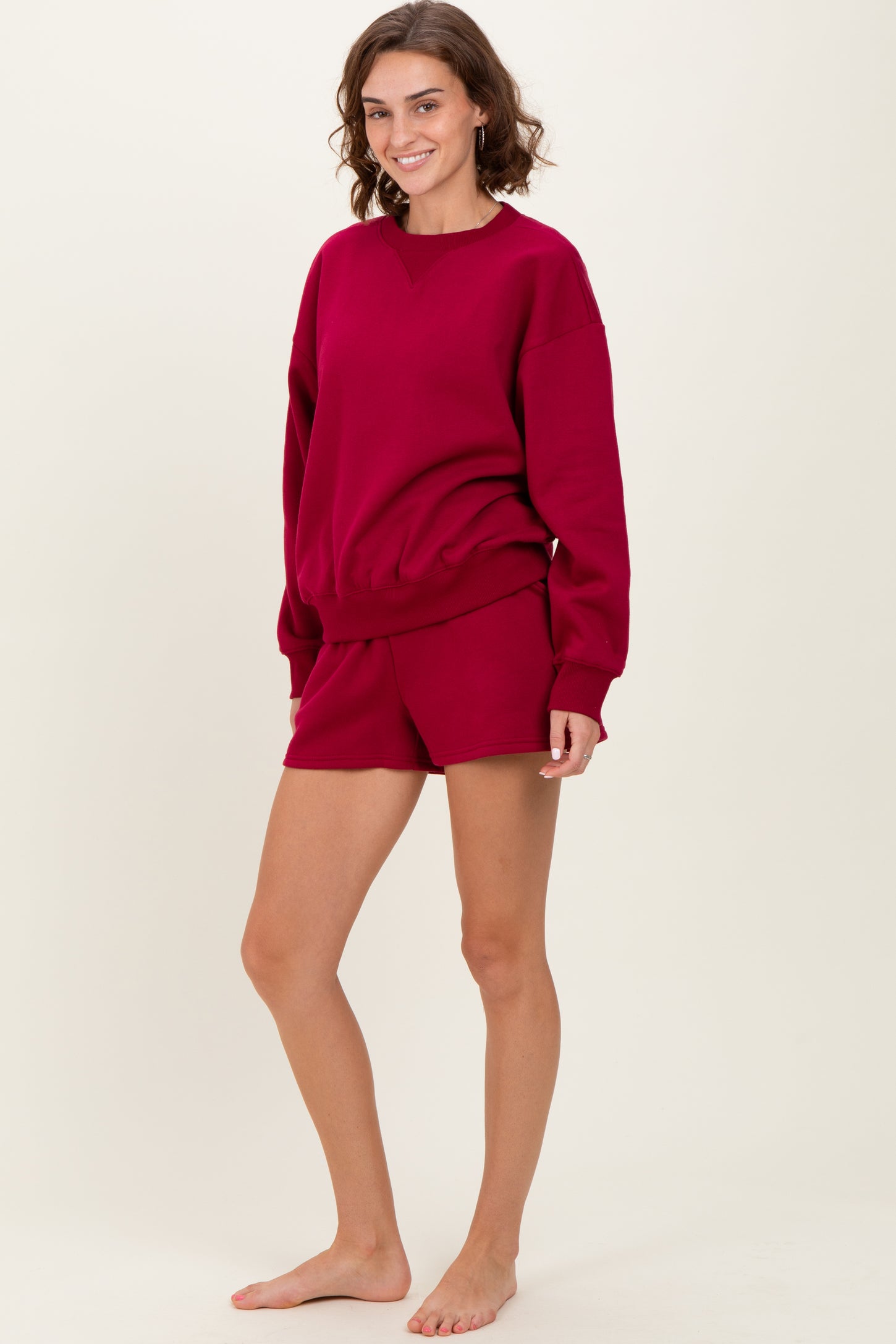 Burgundy Fleece Sweatshirt Shorts Set