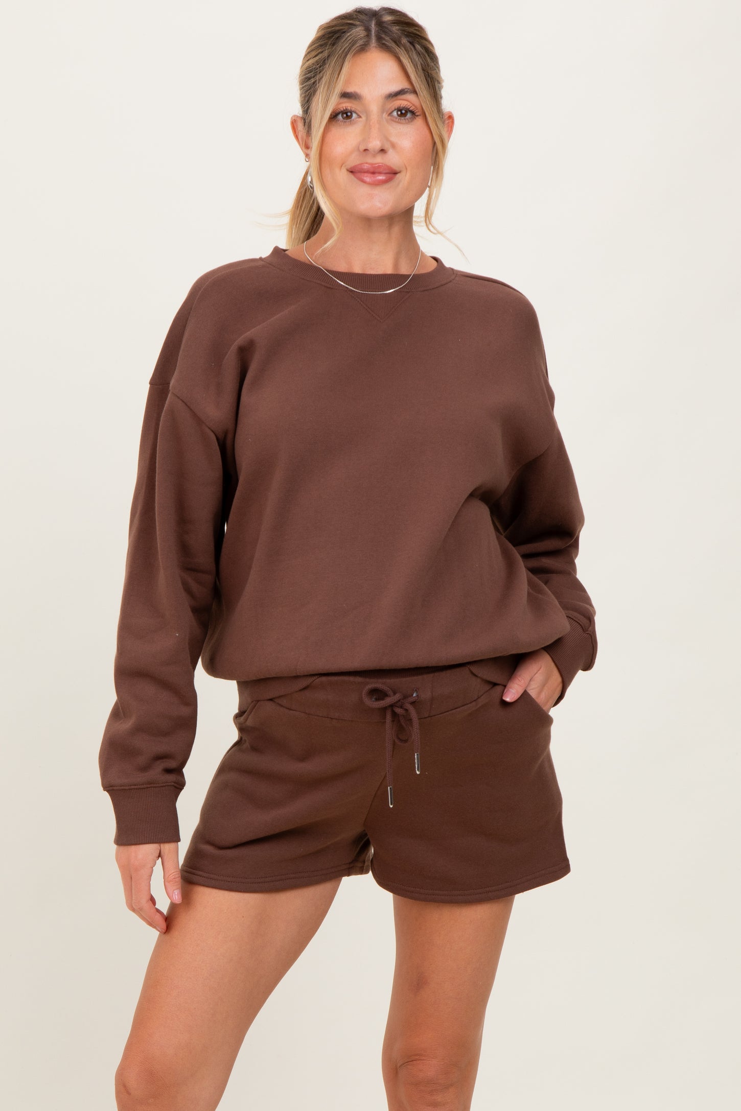 Brown Fleece Sweatshirt Shorts Maternity Set