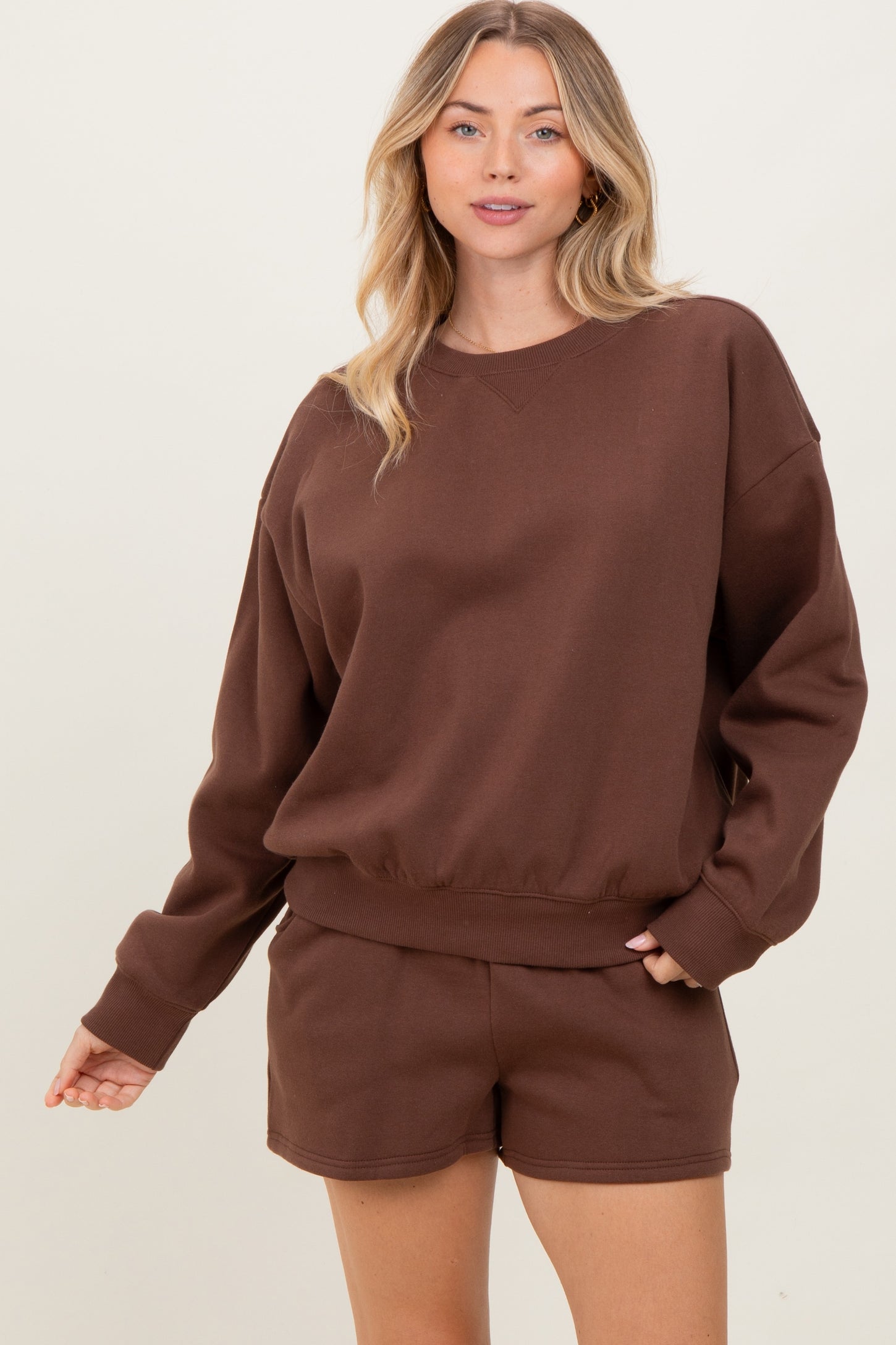 Brown Fleece Sweatshirt Shorts Set