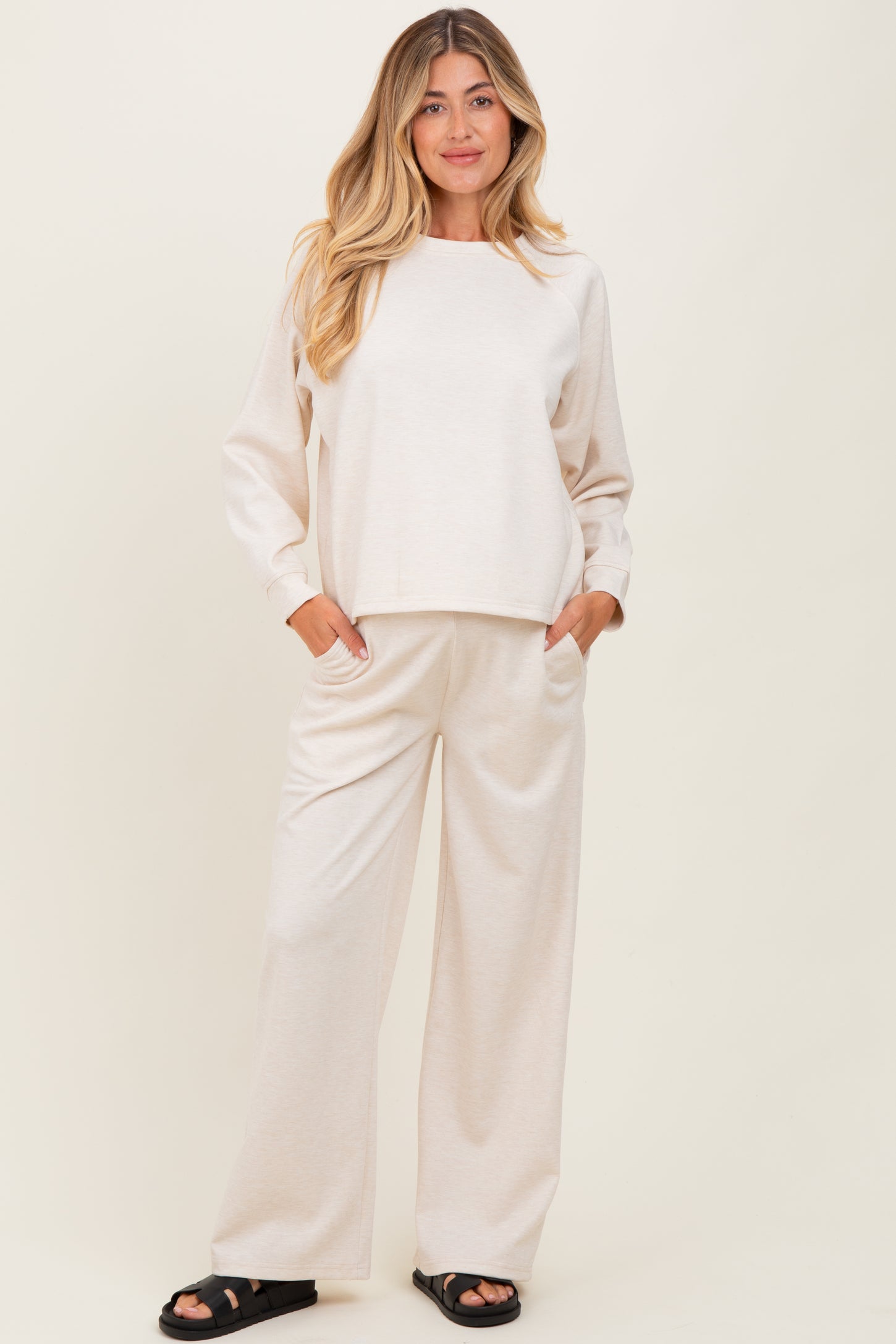 Cream Crewneck Pullover Pant Maternity Set