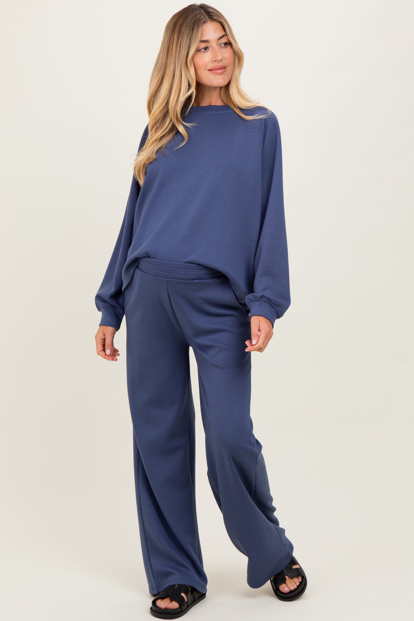 Blue Crewneck Pullover Pant Maternity Set