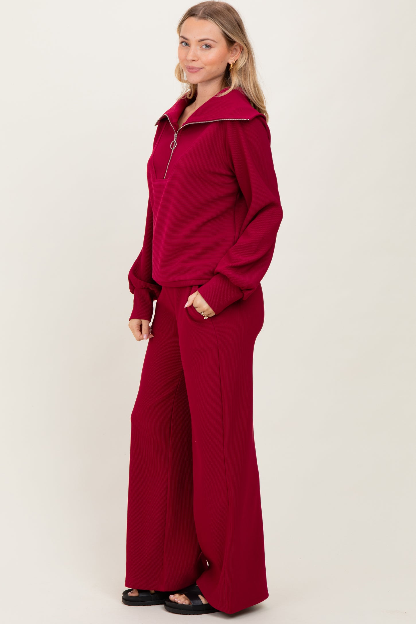 Burgundy RIbbed Half Zip Pullover Wide Leg Pant Set