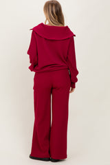 Burgundy RIbbed Half Zip Pullover Wide Leg Pant Set