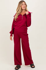 Burgundy RIbbed Half Zip Pullover Wide Leg Pant Maternity Set