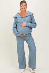 Light Blue RIbbed Half Zip Pullover Wide Leg Pant Maternity Set