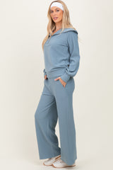 Light Blue RIbbed Half Zip Pullover Wide Leg Pant Maternity Set
