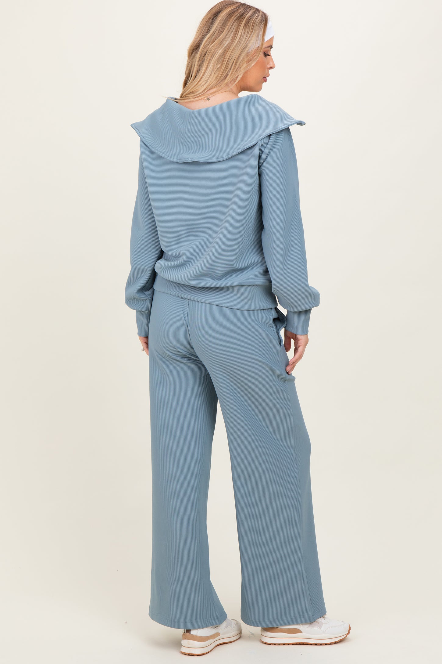 Light Blue RIbbed Half Zip Pullover Wide Leg Pant Set