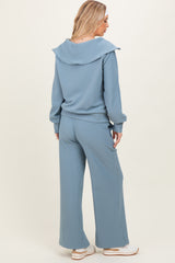 Light Blue RIbbed Half Zip Pullover Wide Leg Pant Set