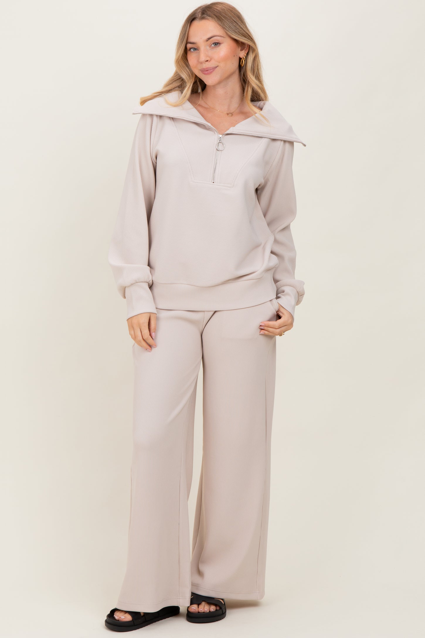 Cream RIbbed Half Zip Pullover Wide Leg Pant Set