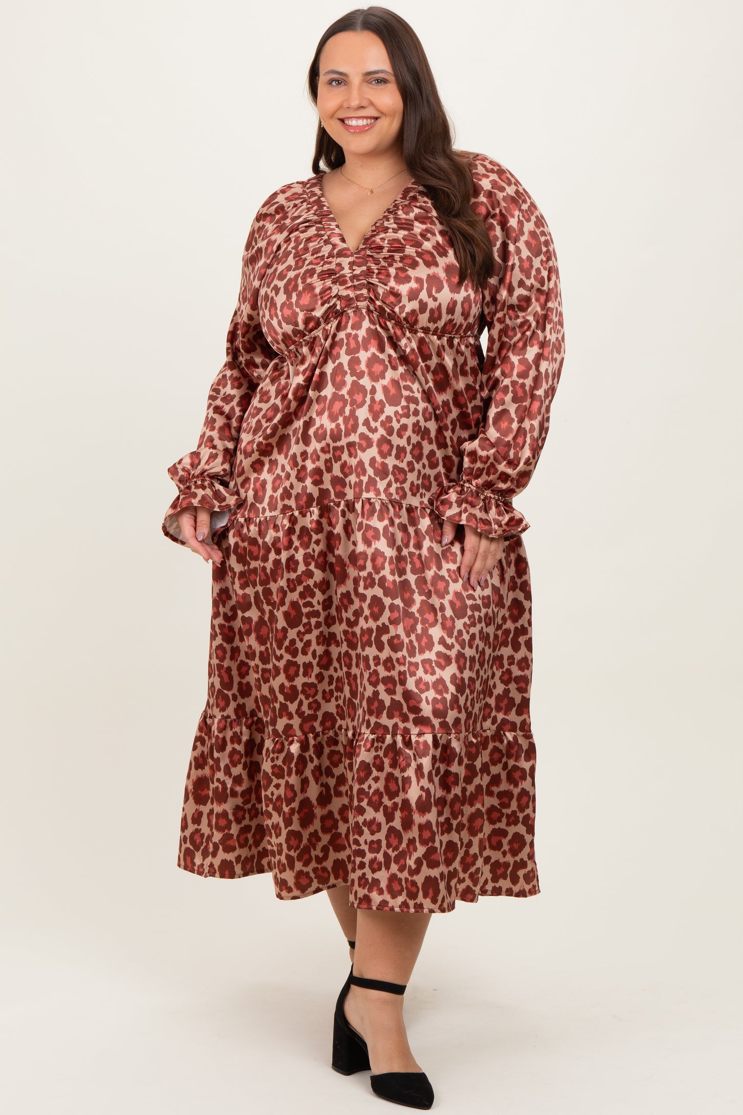 Taupe/Rust Satin Leopard Tiered Side Pocket Plus Maternity Maxi Dress