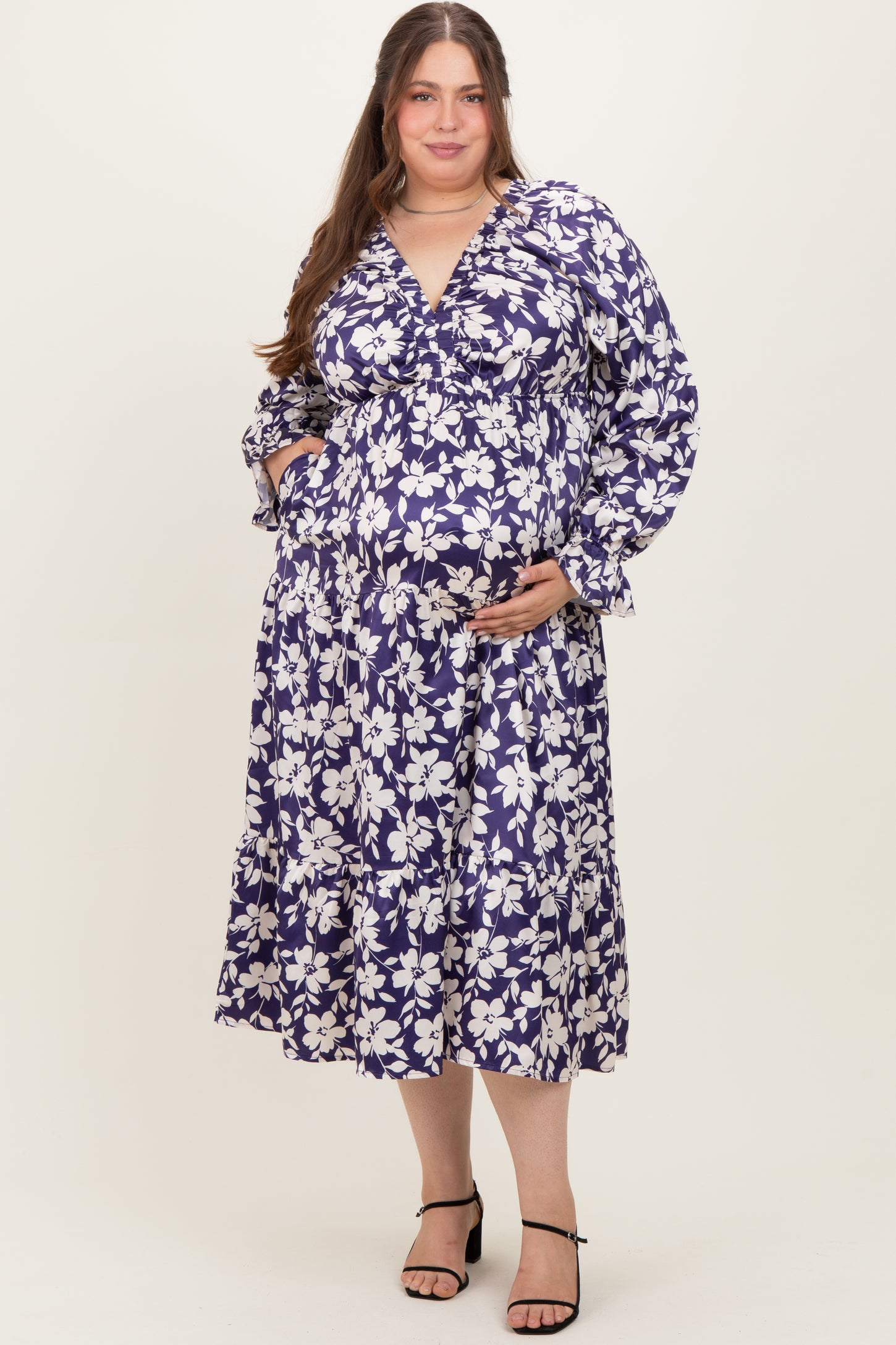 Navy Floral Tiered Ruched V-Neck Satin Plus Maternity Maxi Dress