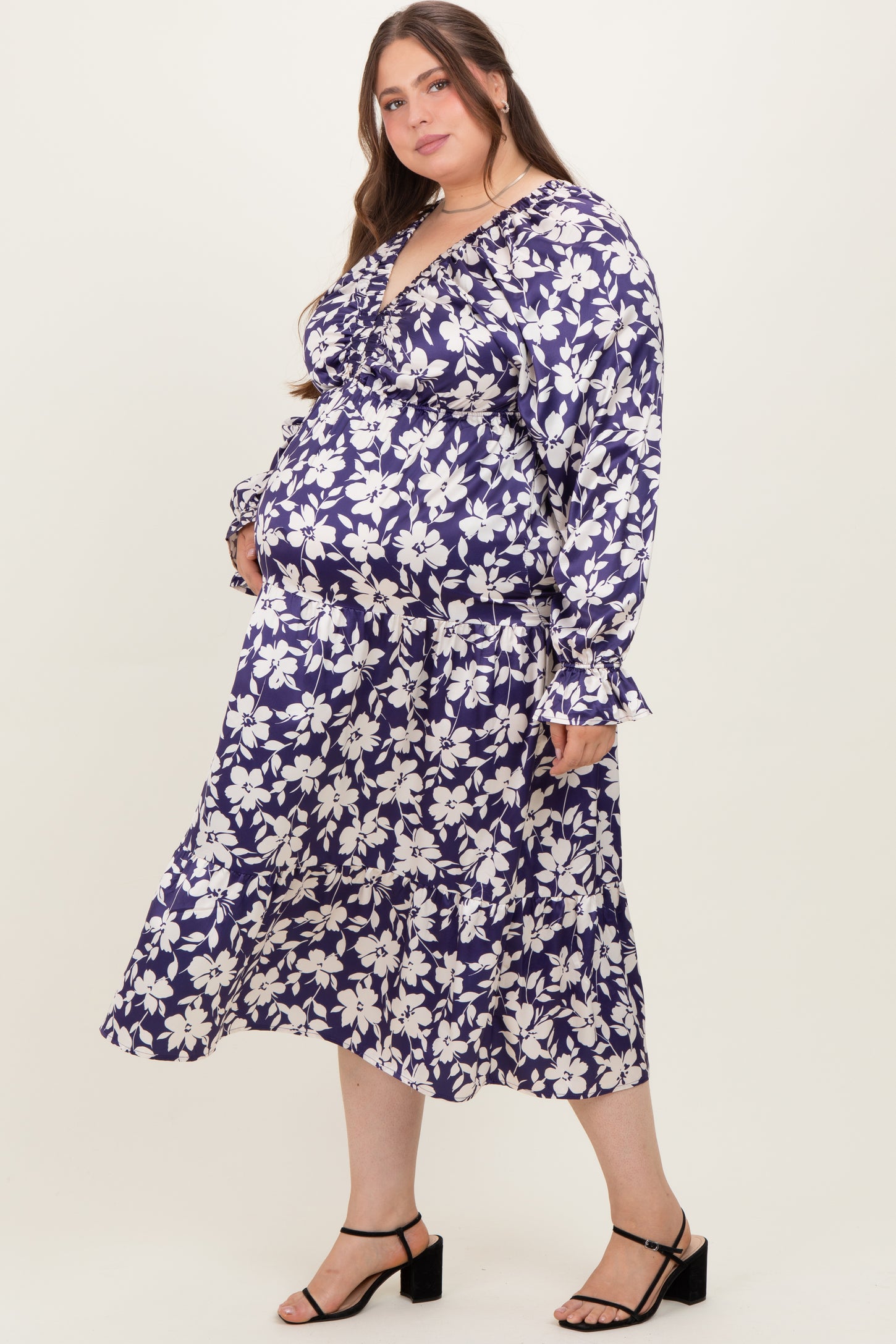 Navy Floral Tiered Ruched V-Neck Satin Plus Maternity Maxi Dress