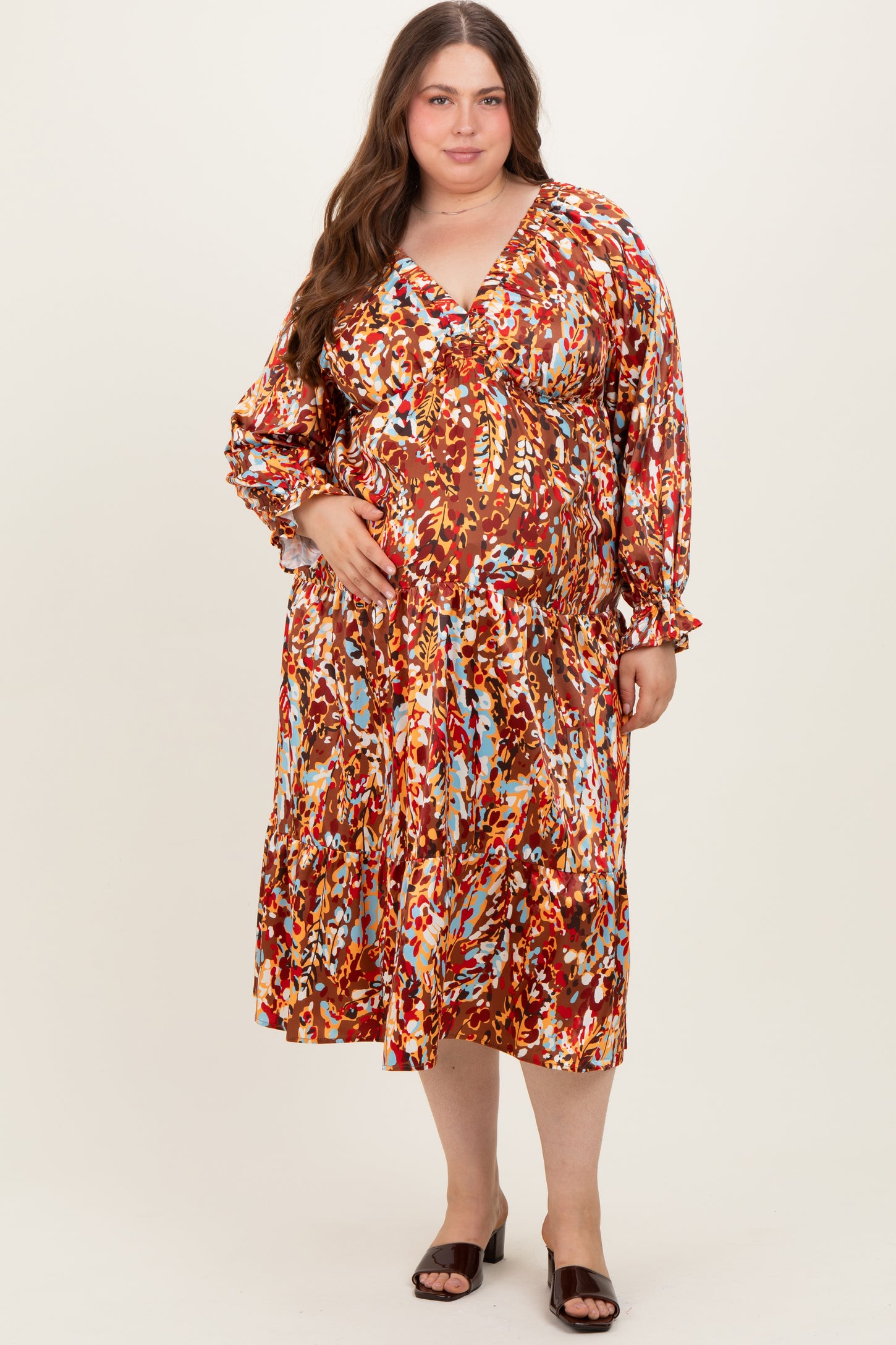 Mocha Multi Color Satin V-Neck Long Sleeve Plus Maternity Maxi Dress