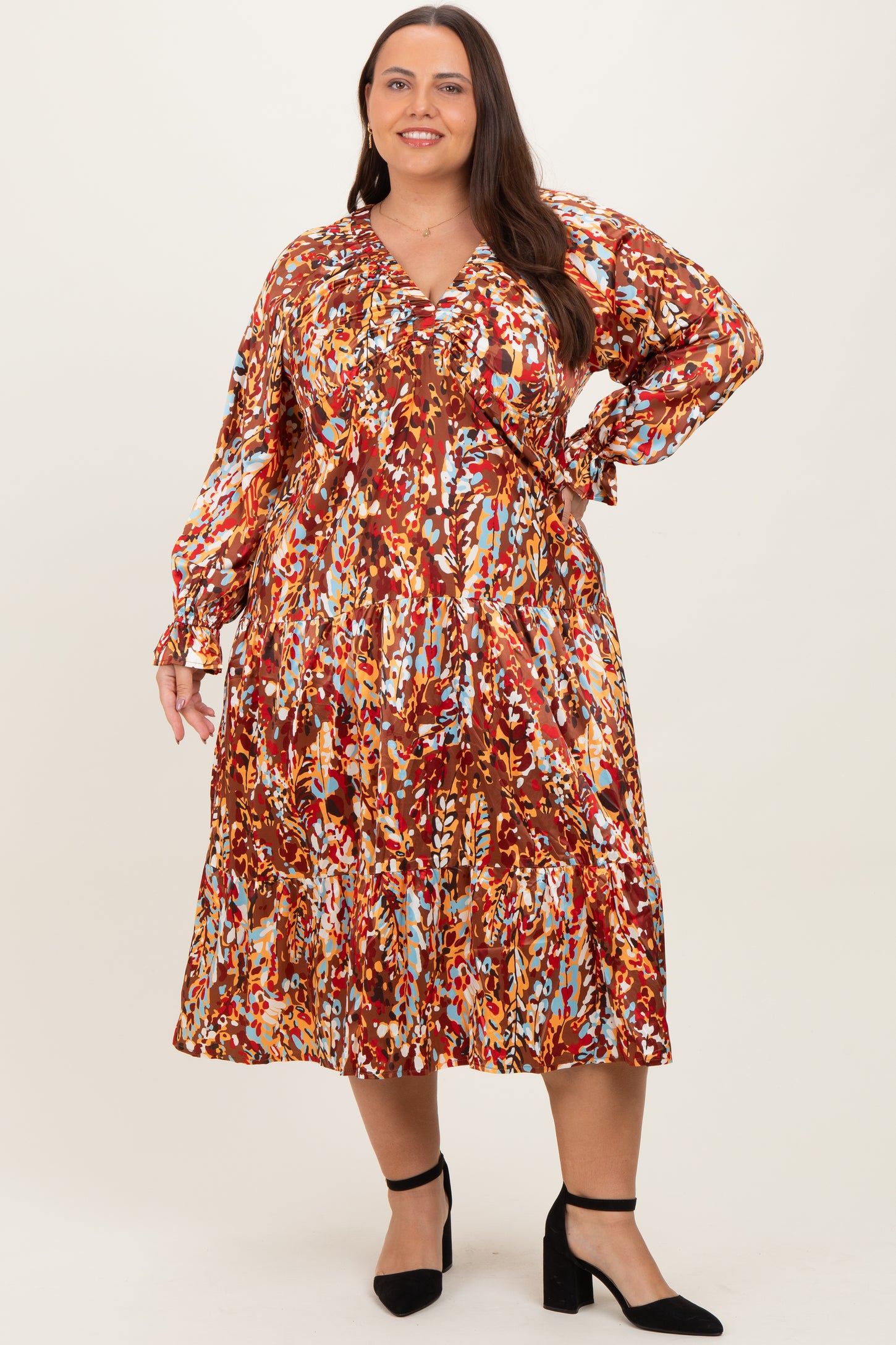 Mocha Multi Color Satin V-Neck Long Sleeve Plus Maxi Dress