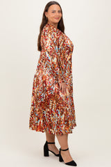 Mocha Multi Color Satin V-Neck Long Sleeve Plus Maxi Dress